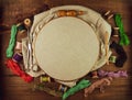 Embroidery needlework background with linen in hoop. Colorful floss thread, scissors, card tag in female hand. Handmade