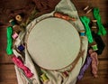 Embroidery needlework background with linen in hoop. Colorful floss thread, scissors, card tag in female hand. Handmade