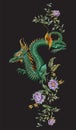 Embroidery oriental floral pattern with green dragon and roses.