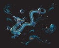 Embroidery oriental pattern with blue dragon and starry sky. Royalty Free Stock Photo