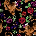 Embroidery oriental seamless pattern with tigers and roses.