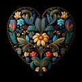 Embroidery ornamental floral love heart pattern with textured flowers, leaves,frame. Colorful flowers leaves in love heart.