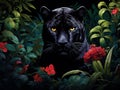 Embroidery of a panther in tropical jungle. Cross stitch pattern. Cross stitching illustration of mysterious panther in jungle