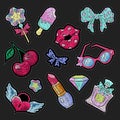 Embroidery patches. Girls patch, silk stitch love fashion stickers for clothes. Pink lips, heart and diamond badges