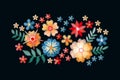 Embroidery pattern with colorful flowers. Vector embroidered floral bouquet. Bright design for fashion