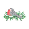 Embroidery pattern, cross stitch ornament. Bullfinch bird on fir tree, vector. Royalty Free Stock Photo