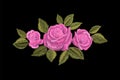 Embroidery pink rose. Fashion patch decoration sticker. Flower embroidered ornament arrangement. Traditional ethnic fabric textile