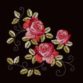 Embroidery red rose flowers. Fashion design. Vector floral illustration Royalty Free Stock Photo