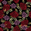 Embroidery roses seamless pattern. Vector floral ornate background. Tapestry red and violet roses, green leaves, abstract grunge Royalty Free Stock Photo