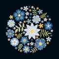 Embroidery. Round pattern with beautiful blue flowers. Floral circle composition on black background. Vector print