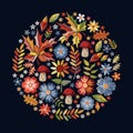 Embroidery. Round pattern with flowers, mushrooms and autumn leaves. Floral circle composition on black background. Vector print Royalty Free Stock Photo