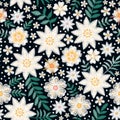 Embroidery seamless floral pattern with beautiful white flowers and green leaves on black background. Royalty Free Stock Photo