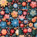 Embroidery seamless patchwork pattern. Original quilting design with bright embroidered flowers