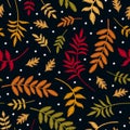 Embroidery seamless pattern with autumn leaves in different colors and first snowflakes. Colorful embroidered plants in fall