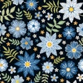 Embroidery seamless pattern with beautiful blue flowers. Elegant summer print. Fashion design.