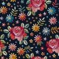 Embroidery seamless pattern with beautiful colorful flowers and leaves.  Fashion design. Print for fabric. Royalty Free Stock Photo