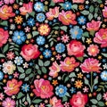 Embroidery seamless pattern with beautiful flowers. Bright floral print with spanish motives. Fashion design with satin stitch. Royalty Free Stock Photo