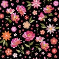 Embroidery seamless pattern with beautiful flowers. Floral print for fabric and textile. Vector embroidered illustration Royalty Free Stock Photo