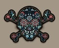 Embroidery flower skull for fashion textile and fabric. Vector vintage floral ornament on dark background. Muertos Dead