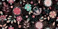 Embroidery seamless pattern with beautiful flowers. Vector handmade floral ornament on dark background. Embroidery for