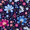 Embroidery seamless pattern with beautiful pink and blue flowers. Fantasy floral design. Textile print Royalty Free Stock Photo