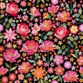 Embroidery seamless pattern with beautiful pink flowers. Ditsy floral print. Fashion design. Vector embroidered illustration Royalty Free Stock Photo