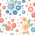 Embroidery seamless pattern with beautiful pink, yellow and blue flowers on white background. Print for fabric with folk motifs Royalty Free Stock Photo