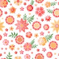 Embroidery seamless pattern with beautiful pink and yellow flowers on white background. Fantasy floral ornament Royalty Free Stock Photo