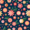 Embroidery seamless pattern with beautiful red and yellow flowers. Summer print. Fashion design. Vector embroidered illustration Royalty Free Stock Photo