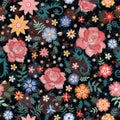 Embroidery seamless pattern with beautiful roses and other flowers. Vector floral ornament. Print for fabric and textile Royalty Free Stock Photo
