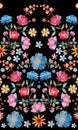 Embroidery seamless pattern. Beautiful summer flowers and leaves on black background. Multicolor embroidered print. Fashion design