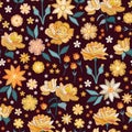 Embroidery seamless pattern with beautiful yellow flowers. Fashion floral design with folk motifs. Vector embroidered illustration