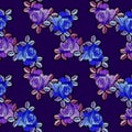 Embroidery seamless pattern with blue and purple roses. Floral ornament in vector. Fashion design Royalty Free Stock Photo