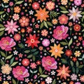 Embroidery seamless pattern with bright flowers on black background. Fashion design for fabric, textile, wrapping paper. Fancywork Royalty Free Stock Photo