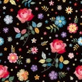 Embroidery seamless pattern with colorful flowers and leaves. Beautiful print with spanish motives. Manton shawl. Fashion design.