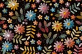 Embroidery seamless pattern with colorful flowers and leaves on black background. Beautiful print for fabric. Embroidered floral Royalty Free Stock Photo