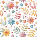 Embroidery seamless pattern with colorful flowers and leaves on white background. Fashion design for fabric, textile, wrapping Royalty Free Stock Photo