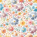 Embroidery seamless pattern with colorful flowers and leaves on white background. Bright summer print. Royalty Free Stock Photo