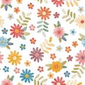Embroidery seamless pattern with colorful flowers and leaves on white background. Summer print. Fashion design. Royalty Free Stock Photo