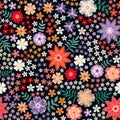 Embroidery seamless pattern from colorful flowers - red, yellow, white and violet blossom. Multicolor vector design