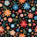 Embroidery seamless pattern with colorful summer flowers on black background. Fashionable print for fabric. Floral fancywork