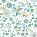 Embroidery seamless pattern with cute light blue wild flowers on white background