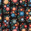 Embroidery seamless pattern with groups of beautiful flowers. Floral background in vintage style. Fancywork. Fashion design.