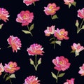 Embroidery seamless pattern with pink flowers on black background. Imitation of satin stitch. Vector illustration Royalty Free Stock Photo