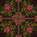 Embroidery seamless pattern with red and green rose flowers and leaves. Beautiful shawl. Ethnic square rug. Russian style. Royalty Free Stock Photo