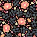 Embroidery seamless pattern with rose flowers, petals and leaves on black background. Fashion design for fabric. Fancywork print Royalty Free Stock Photo