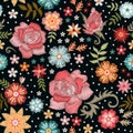 Embroidery seamless pattern with roses and fantasy flowers. Colorful embroidered print for fabric and textile Royalty Free Stock Photo