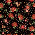 Embroidery seamless pattern with roses and wild flowers on black background. Trendy design for fabric and textile. Fancywork print Royalty Free Stock Photo