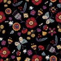Embroidery seamless pattern with simplified flowers and butterfly.