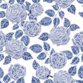 Embroidery seamless pattern texture, wallpaper, background with beautiful blue roses. Vector floral ornament on white